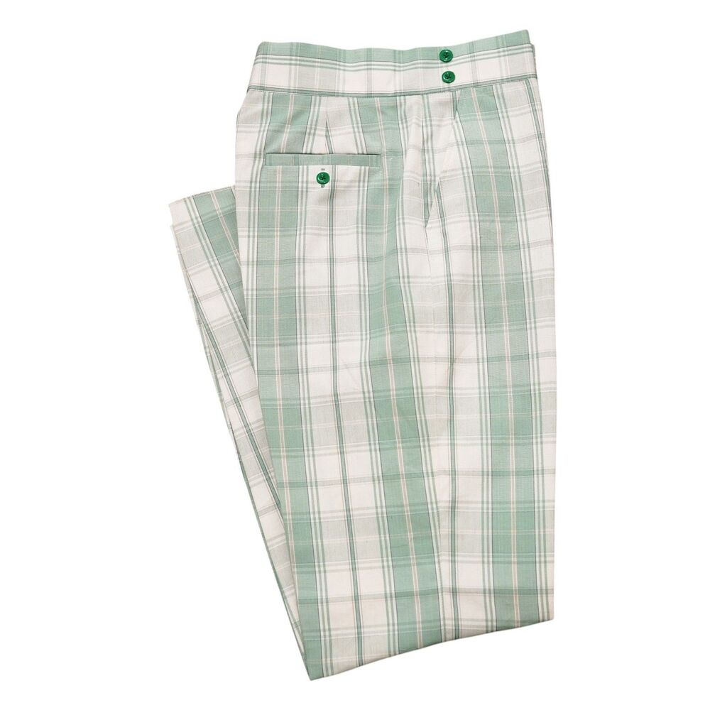 Mens 32 Gurkha Pants Green Cream Plaid Cotton High Waist Flat Front Straight Fit